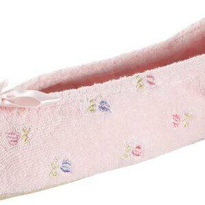 Women's Terry Ballerina Slippers Pink Embroidered Cotton Slip-On Comfort